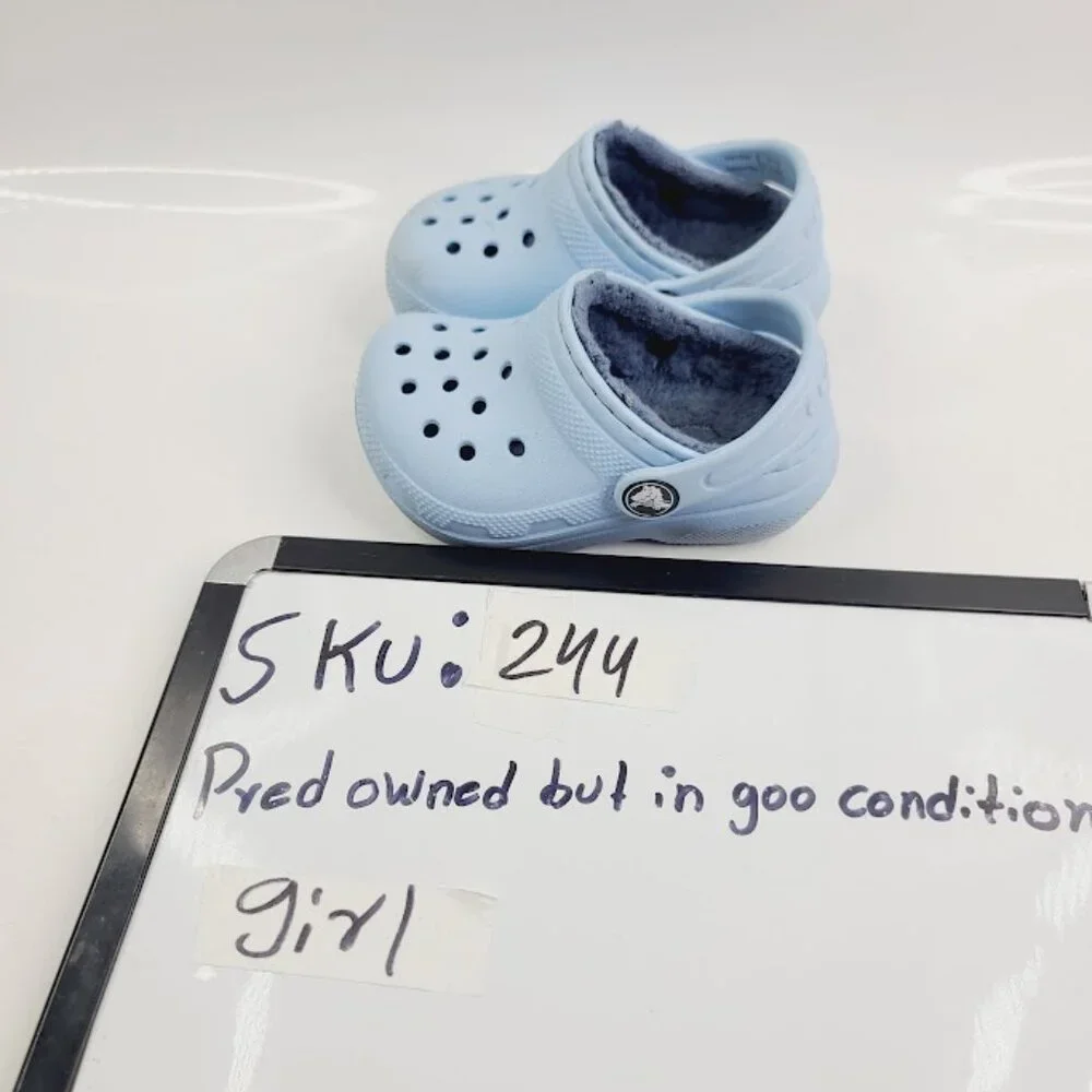 Crocs Girl's Pastel Blue Classic Lined Adjustable Slip-On‎ Casual Clogs Size 5